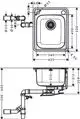 Edelstahl Einbauspüle von Hansgrohe mit klaren Maßen und Anschlüssen, dargestellt in Draufsicht und Seitenansicht, inklusive Verrohrungsdetails.
